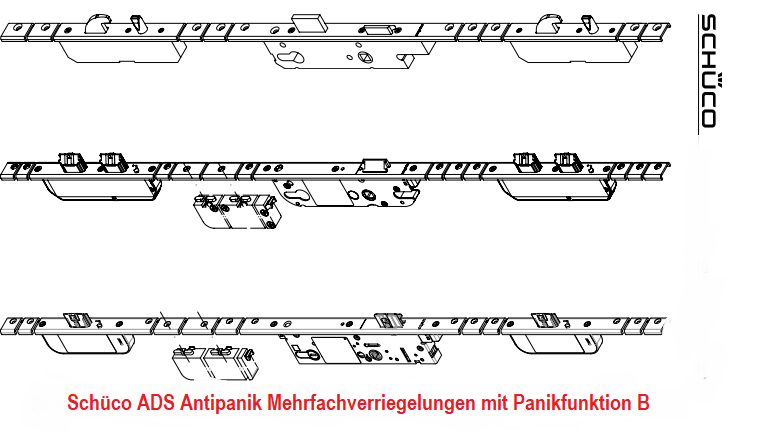 Schüco ADS Antipanik Mehrfachverriegelungen Panikfunktion B, 3 Riegel-Fallenschloss „InterLock“ mit Antipanikfunktion, 4 Riegel-Fallenschloss „SafeMatic“ mit Antipanikfunktion, Antipanik Schwenkhaken-Bolzenschloss